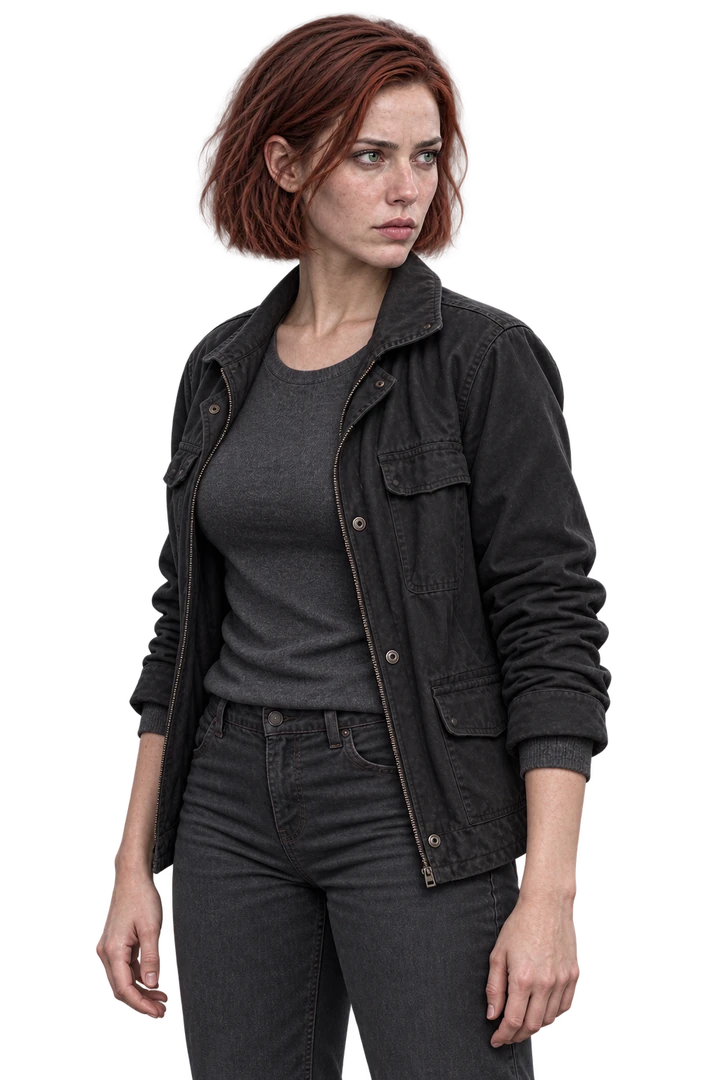 Scarlett di tre quarti verso destra: caschetto rosso scuro, occhi verde intenso, giacca nera e maglia antracite.